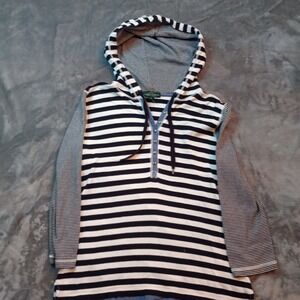 Lauren Jeans Co. Womens Henley Hoodie Medium Blue White Stripe 3/4 Sleeve Cotton